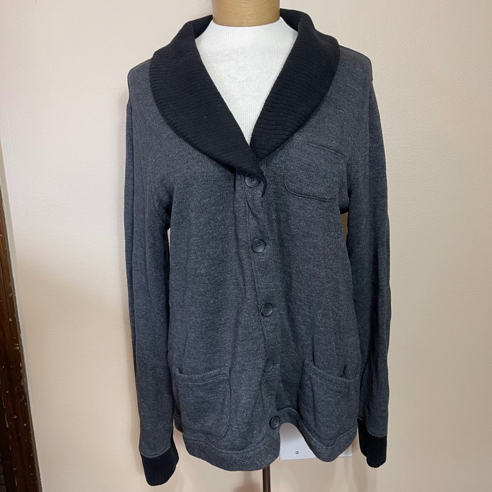 Gap Womens XL Charcoal Gray Shawl Collar Button Front Cardigan Sweater Rib Trim